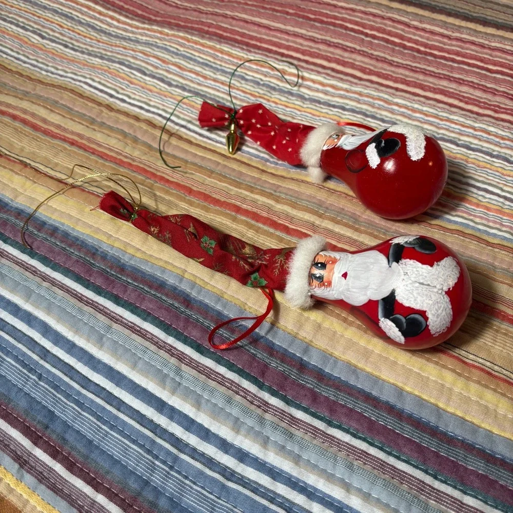 Vintage Hand Painted Light Bulb Santa Ornaments Set of 2 Christmas Folk Art Red